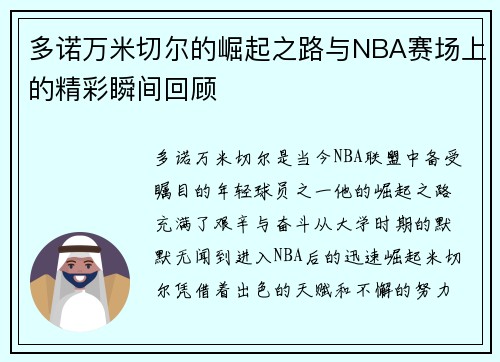 多诺万米切尔的崛起之路与NBA赛场上的精彩瞬间回顾